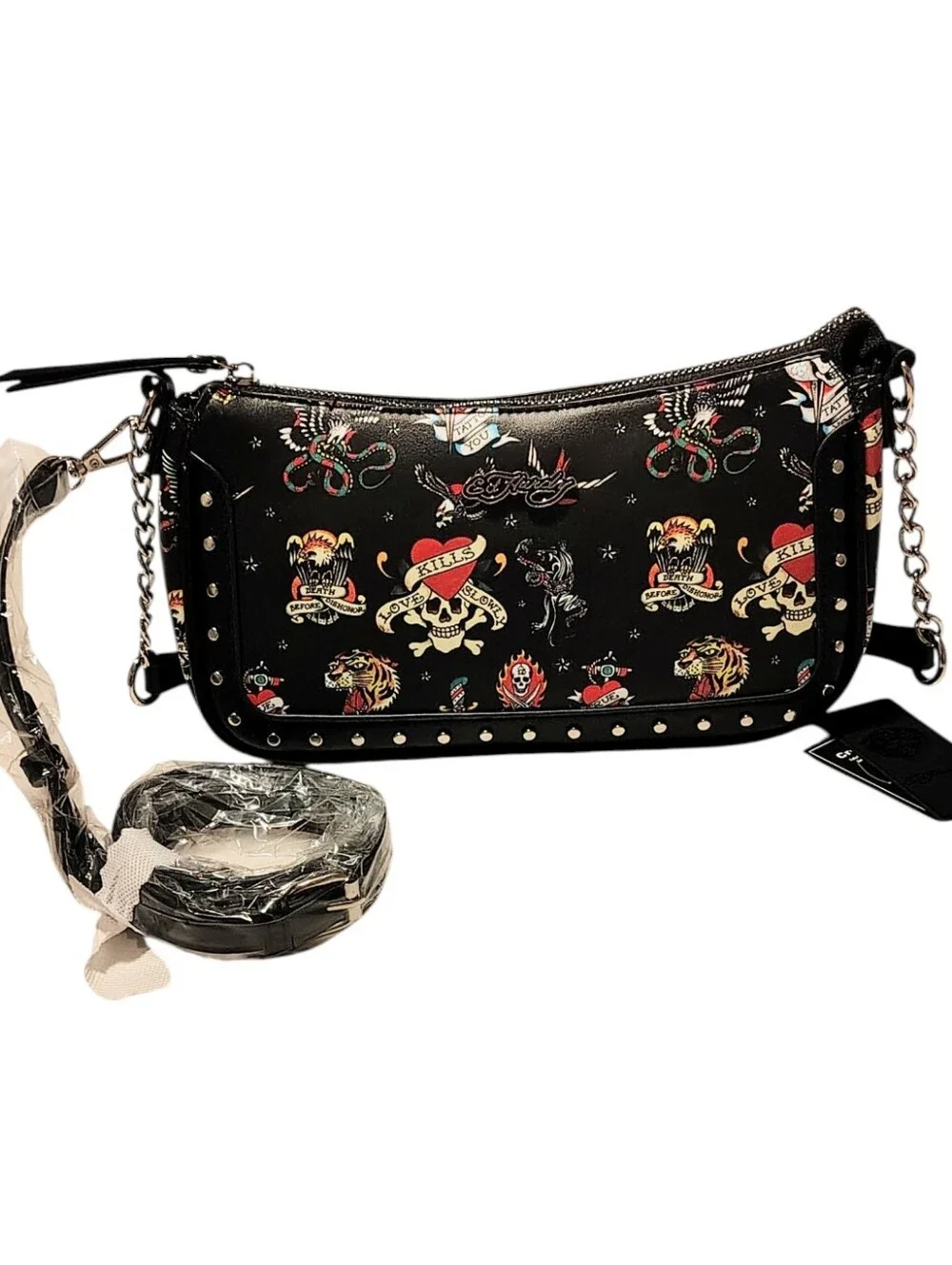 Ed Hardy Grunge Black Bikercore Tiger Skull Heart Studded Chain Crossbody Bag